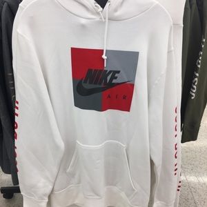 white nike hoodie with red logo